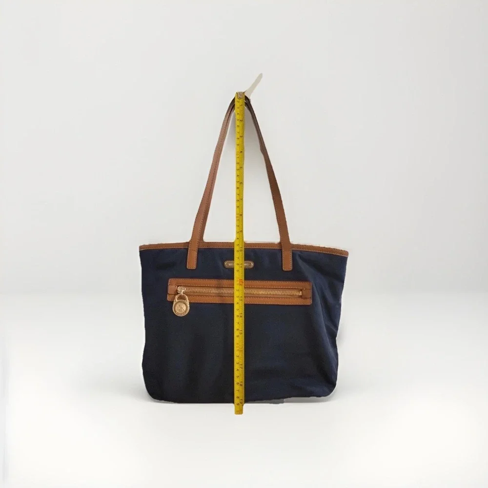 Michael Kors Kempton Lg East West Tote-Navy Blue w/Brown Leather Trim, Gold MK - Picture 12 of 14